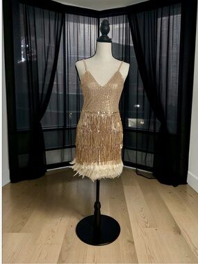 NIP Champagne Gold Sequin Fringe Flapper Mini Dress Feather Hem Bachelorette S